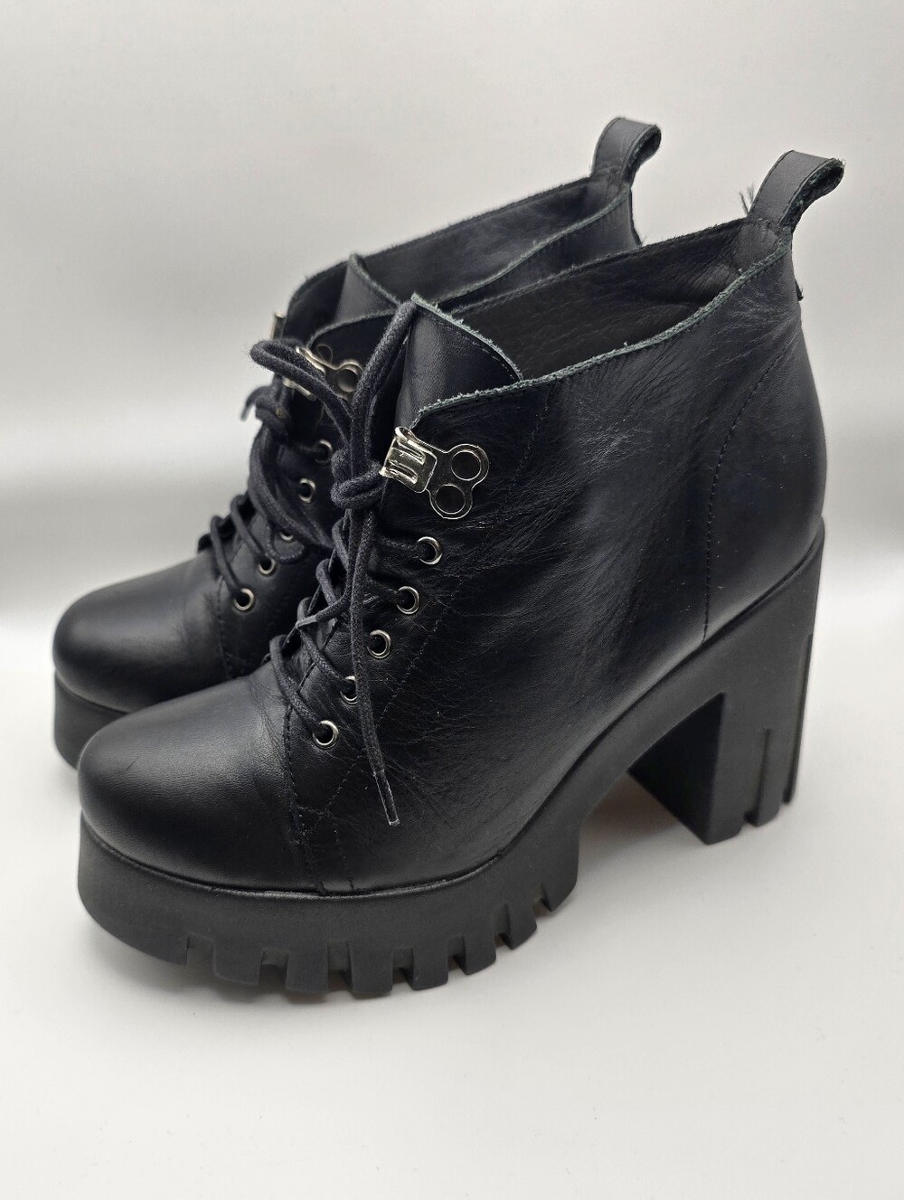 Shellys London Leather Lace Up Platform Ankle Boots - Black Women's 36 (5.5/6)